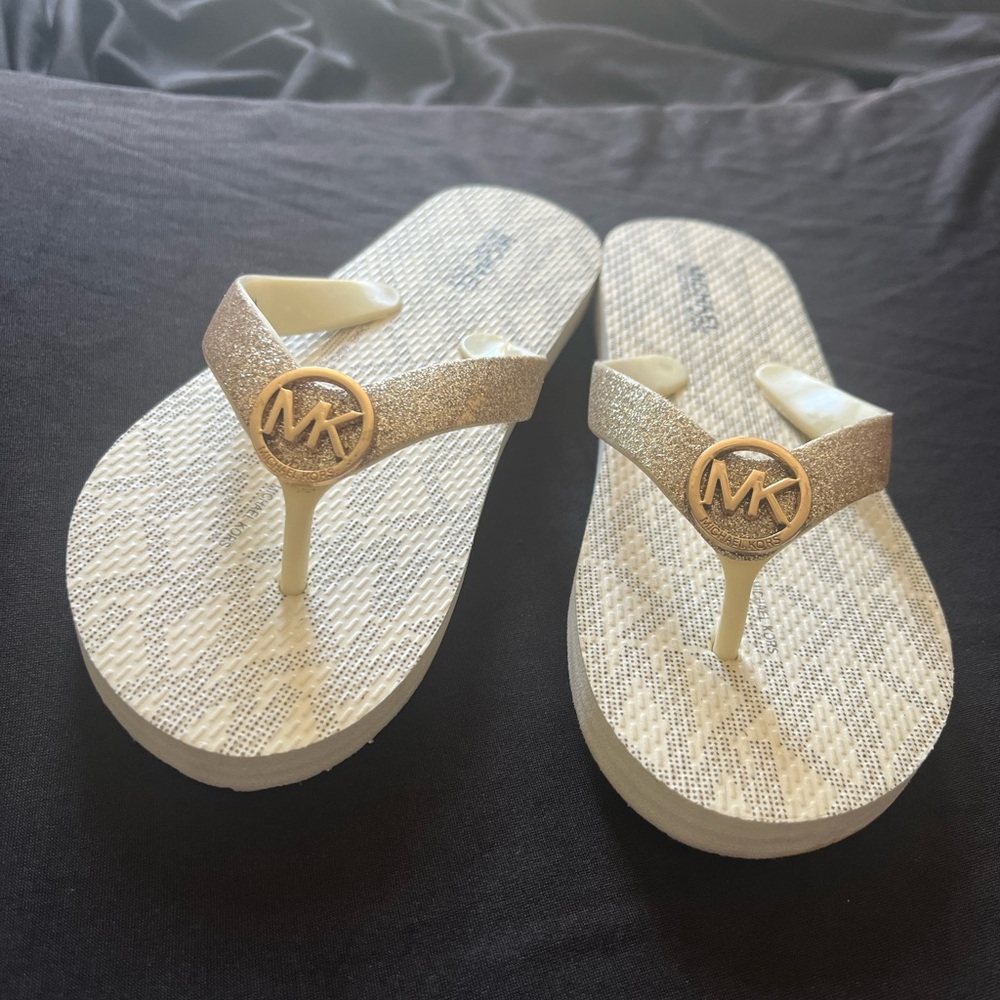 Michael Kors Gold and Cream Sandals with Logo Embellishment